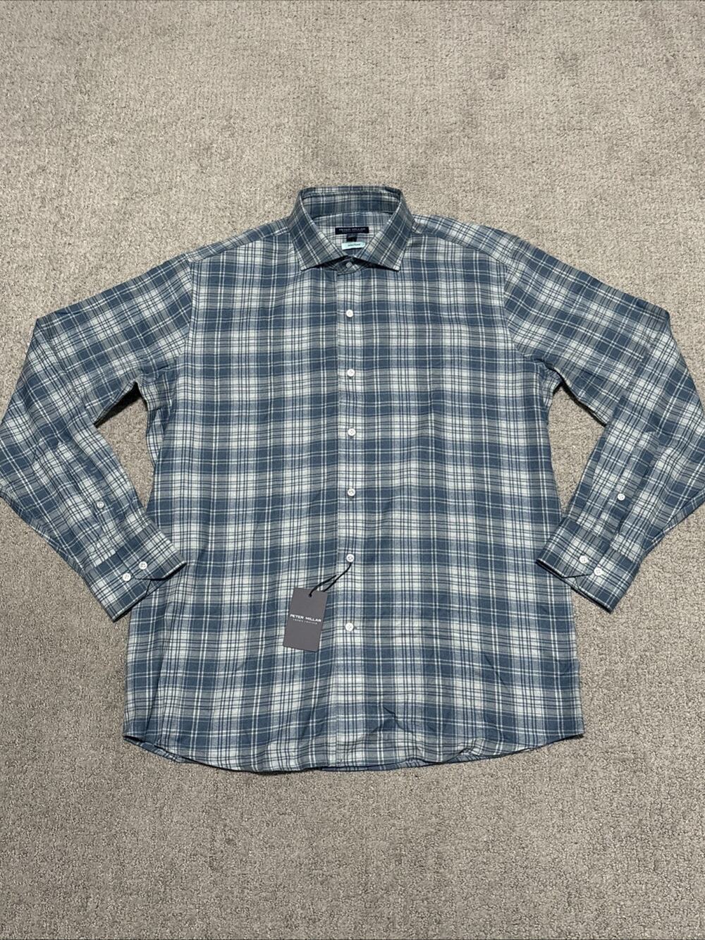 Peter Millar Men's Large Plaid Flannel Button Up Shirt Long Sleeve Blue Gray NWT